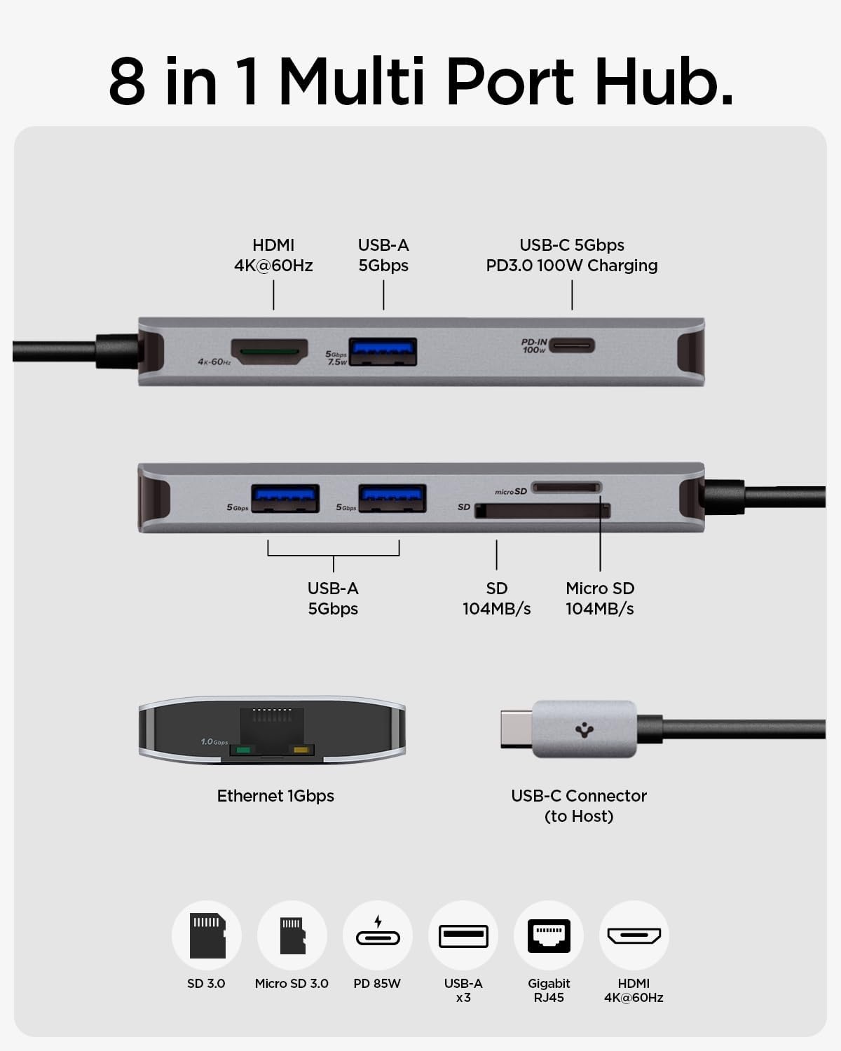 image:imageSpigen 8in1 USB C Hub Multiport Adapter 100W PD 30 microSDSD Card Reader 5Gbps Data Port for MacBook Pro Air M1 M2 Steam Deck Dell XPS 4K 60Hz HDMI Ethernet USB C and 3 USB A Port